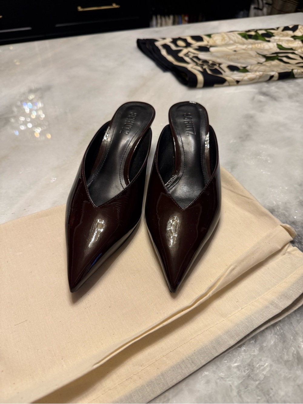 SCHUTZ Pointed Patent Leather Mule in Wine